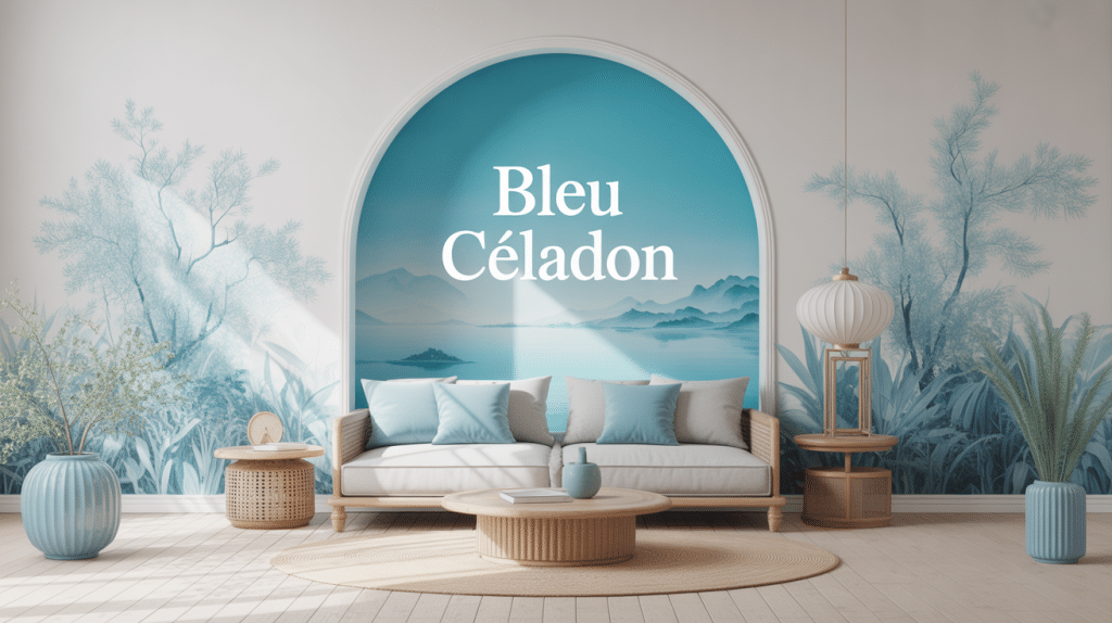 ambiance élégante déco bleu céladon avec meubles et mur