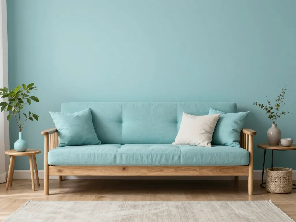 salon moderne déco touches bleu céladon et bois clair