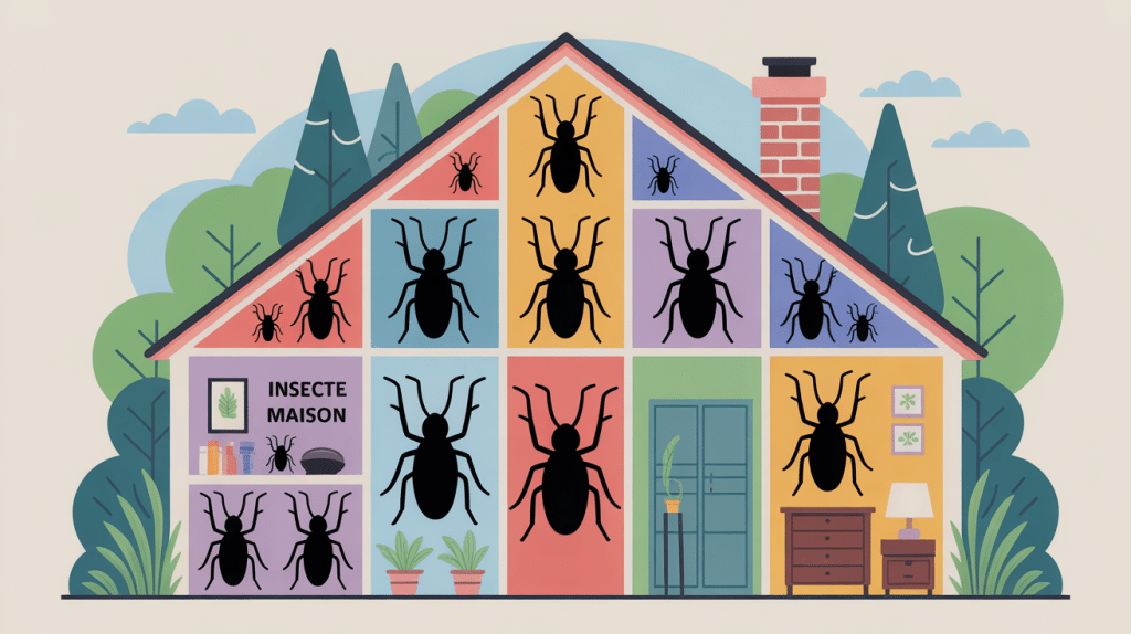 illustration coupe maison avec insectes noirs maison