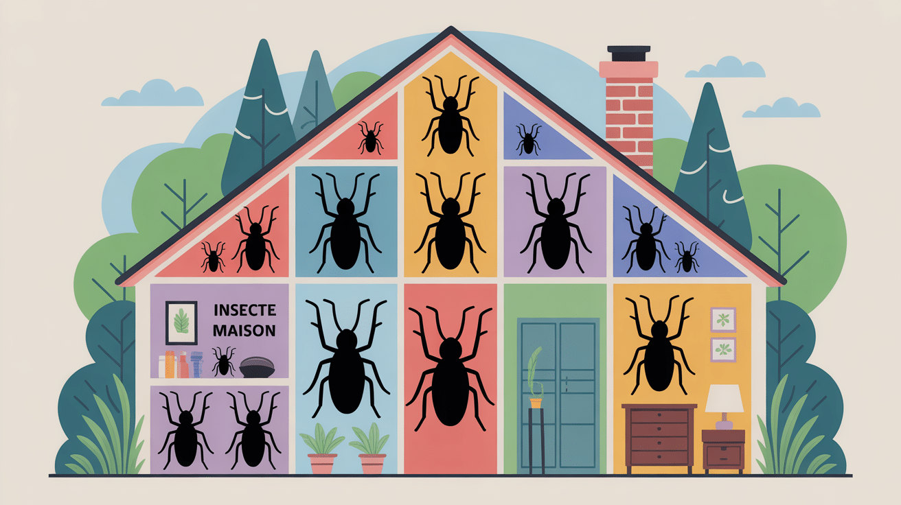 illustration coupe maison avec insectes noirs maison