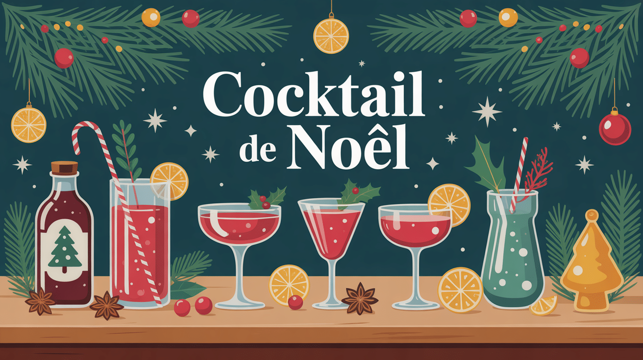 cocktail de noel sur un bar décoré sapin agrumes épices