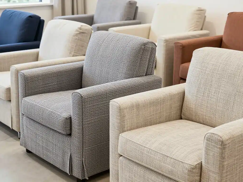 Différents fauteuils cabriolet avec housses variées en salon moderne