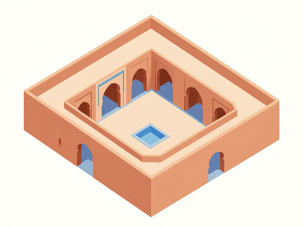 Schéma du plan avec patio central et galeries maison marocaine traditionnelle