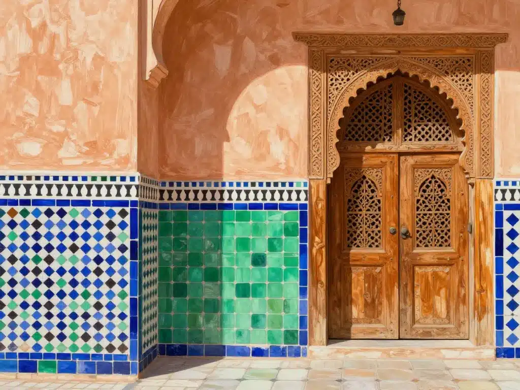 Détails zellige, tadelakt et bois sculpté maison marocaine traditionnelle