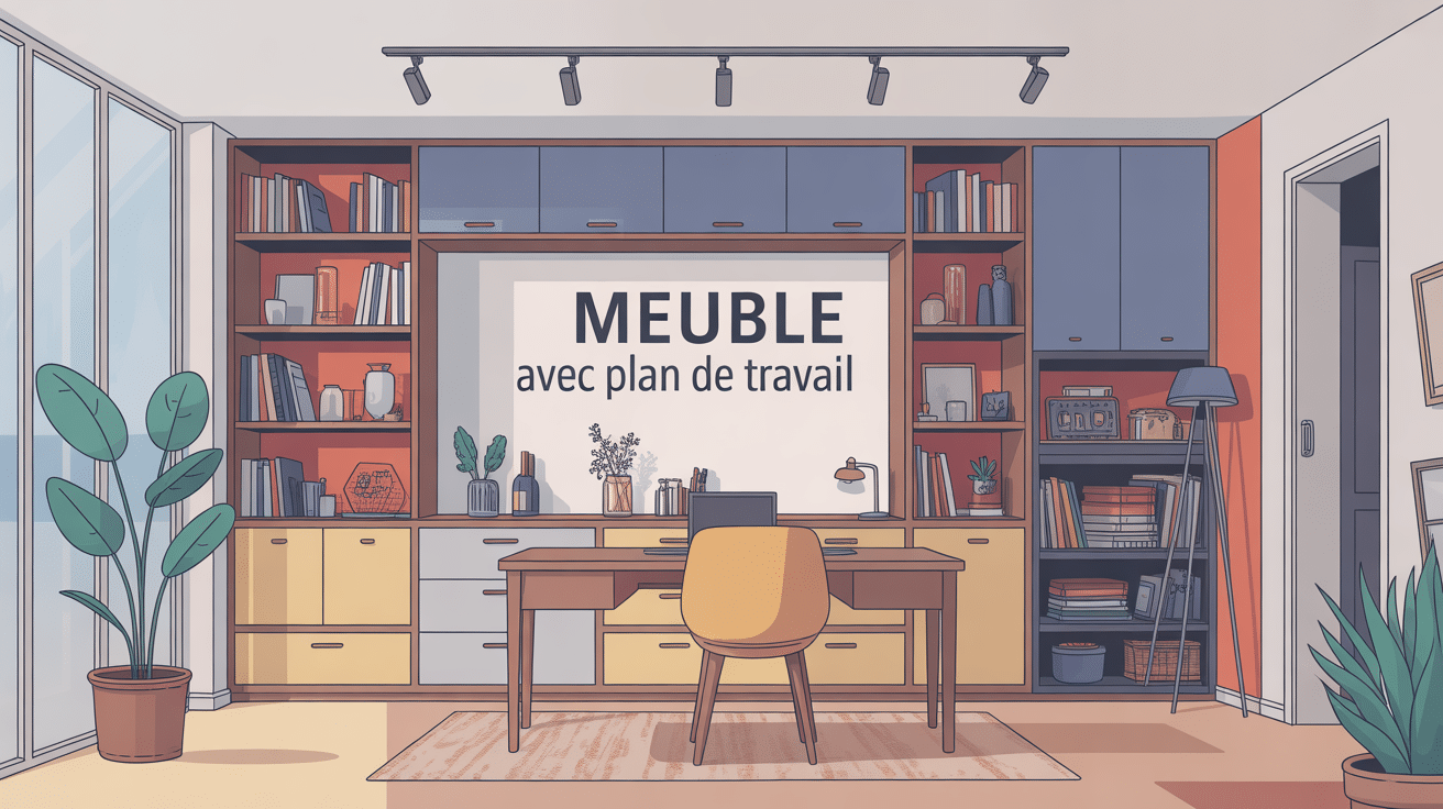 meuble avec plan de travail illustré en espace lumineux contemporain