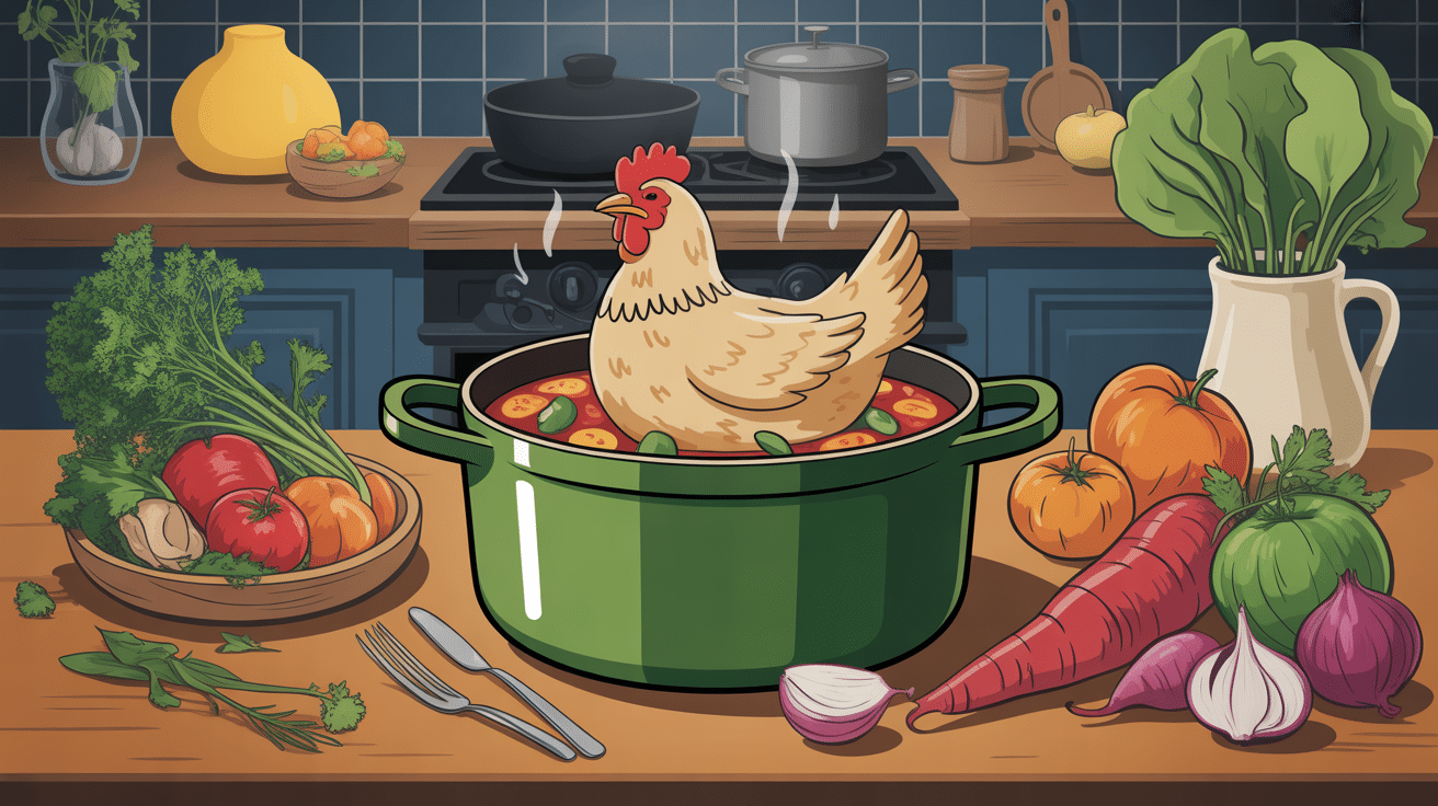 pintade en cocotte fumante avec légumes dans cuisine familiale