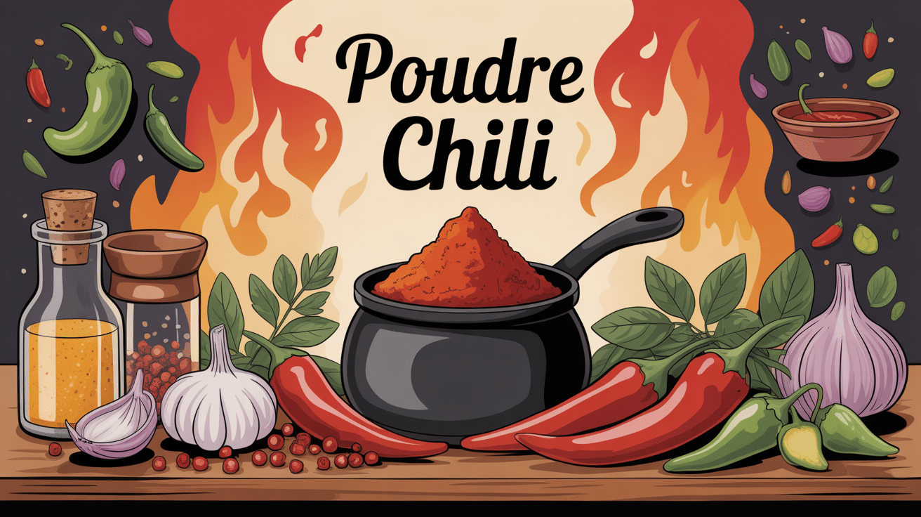 illustration poudre chili au centre, épices autour