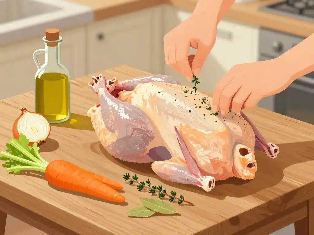 pintade en cocotte préparation avec légumes et herbes