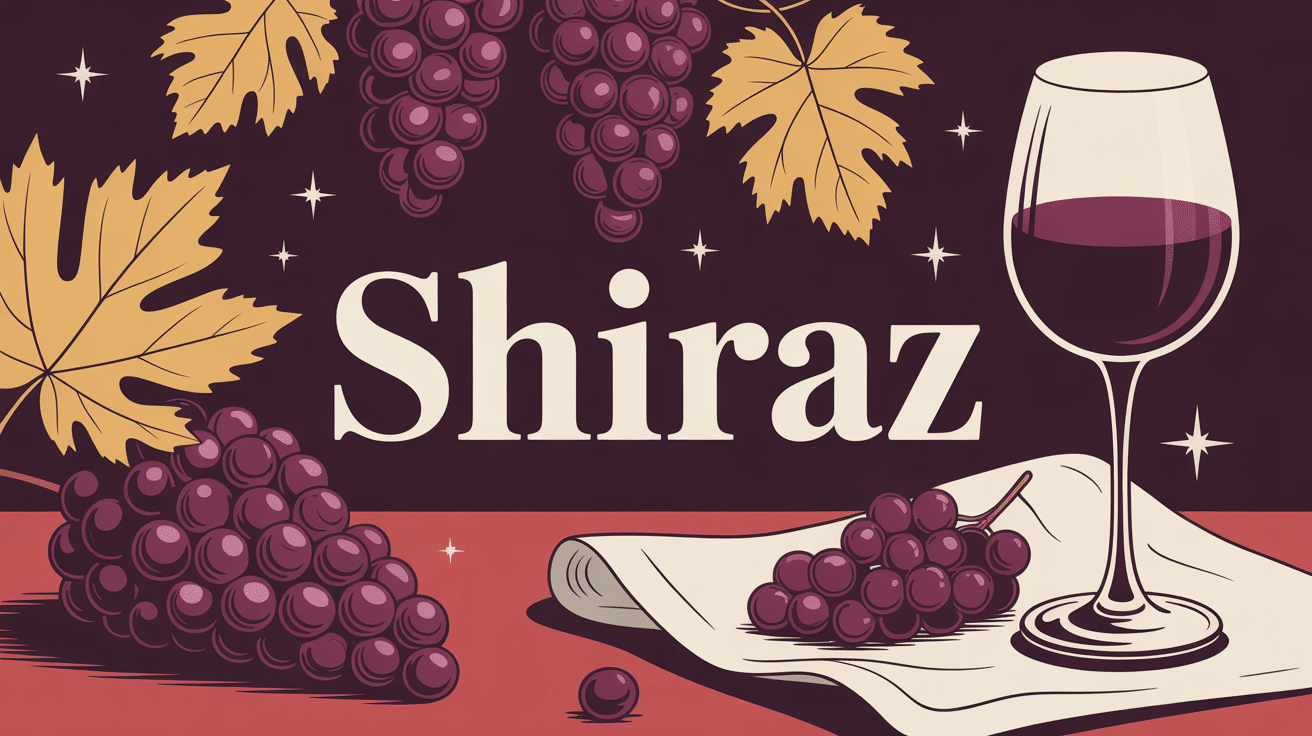 Illustration élégante de shiraz, raisin noir et verre de vin rouge