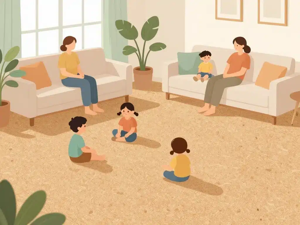 Salon familial montrant sol en liège avantages et inconvénients