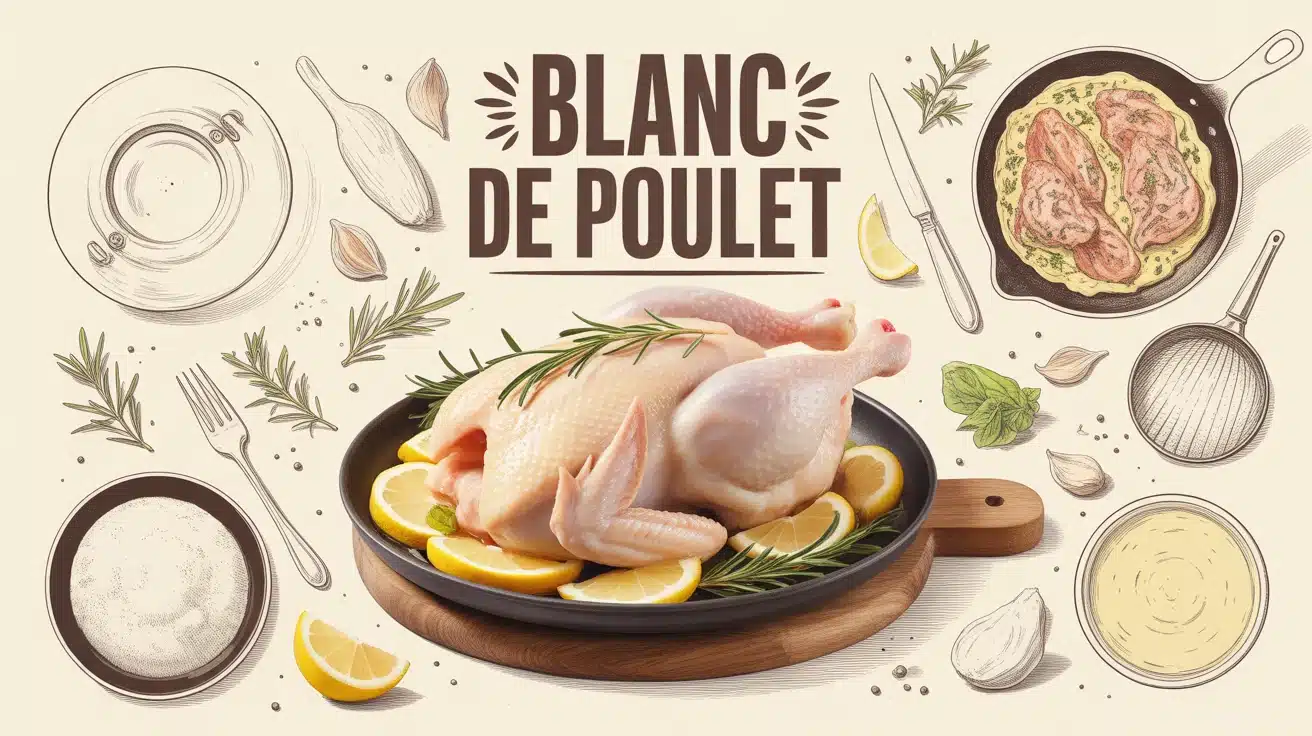 Illustration blanc de poulet juteux avec citron et herbes