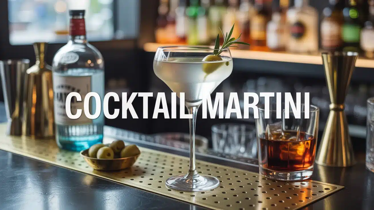 cocktail martini dans verre à pied avec olives sur bar