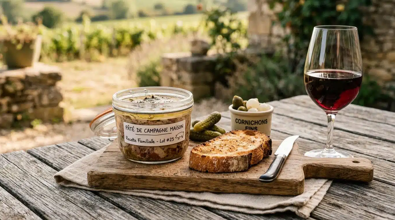 Pâté de campagne maison présenté dans un bocal en verre avec du pain de campagne et des cornichons