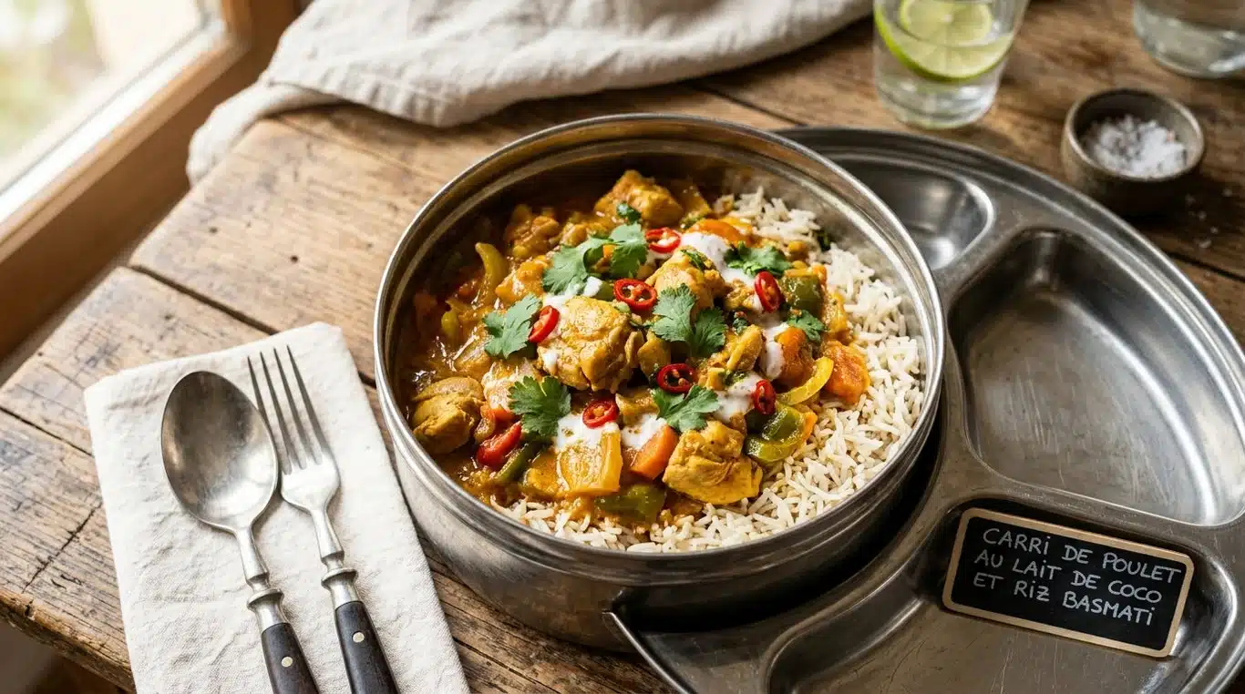 Poulet au curry et coco dans une lunch box chauffante