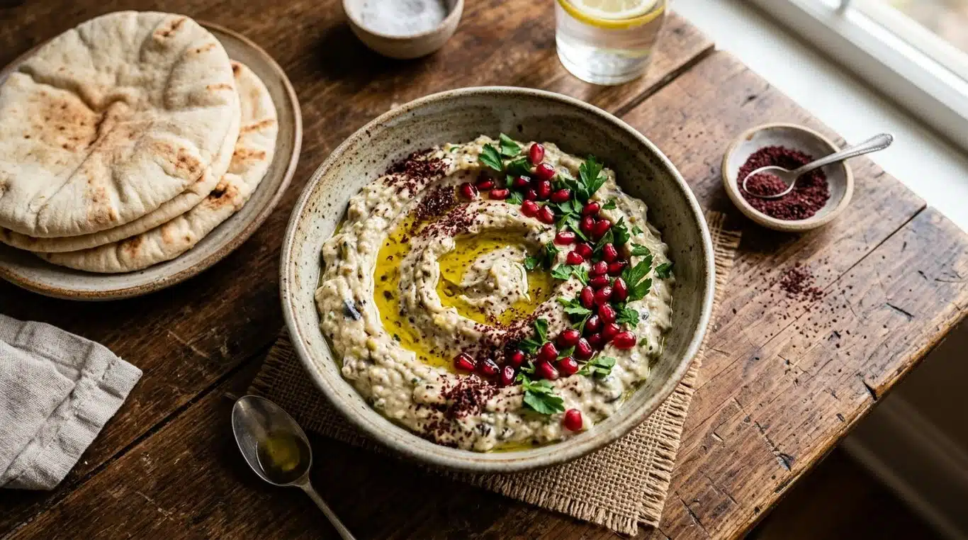 Bol de moutabal libanais traditionnel garni d'huile d'olive, de sumac, de graines de grenade et de persil, servi avec du pain pita.