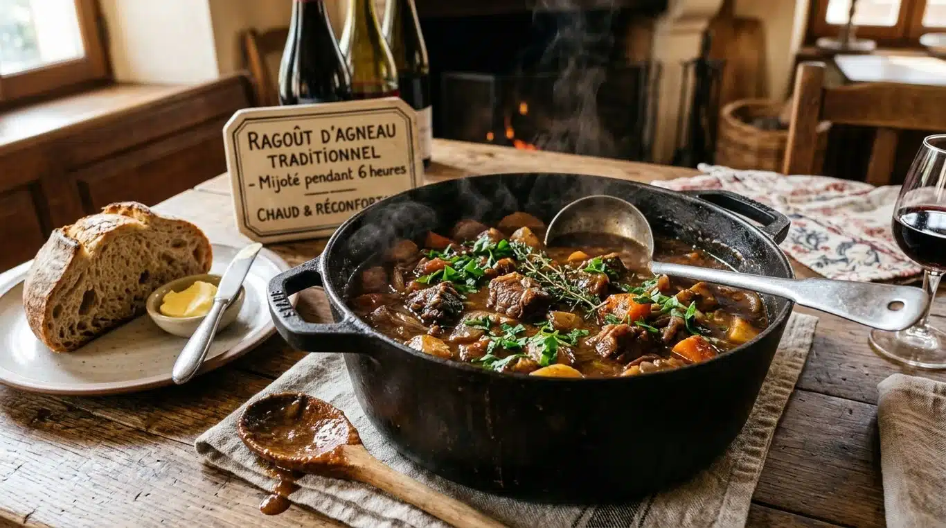 Ragoût de mouton traditionnel dans une cocotte en fonte