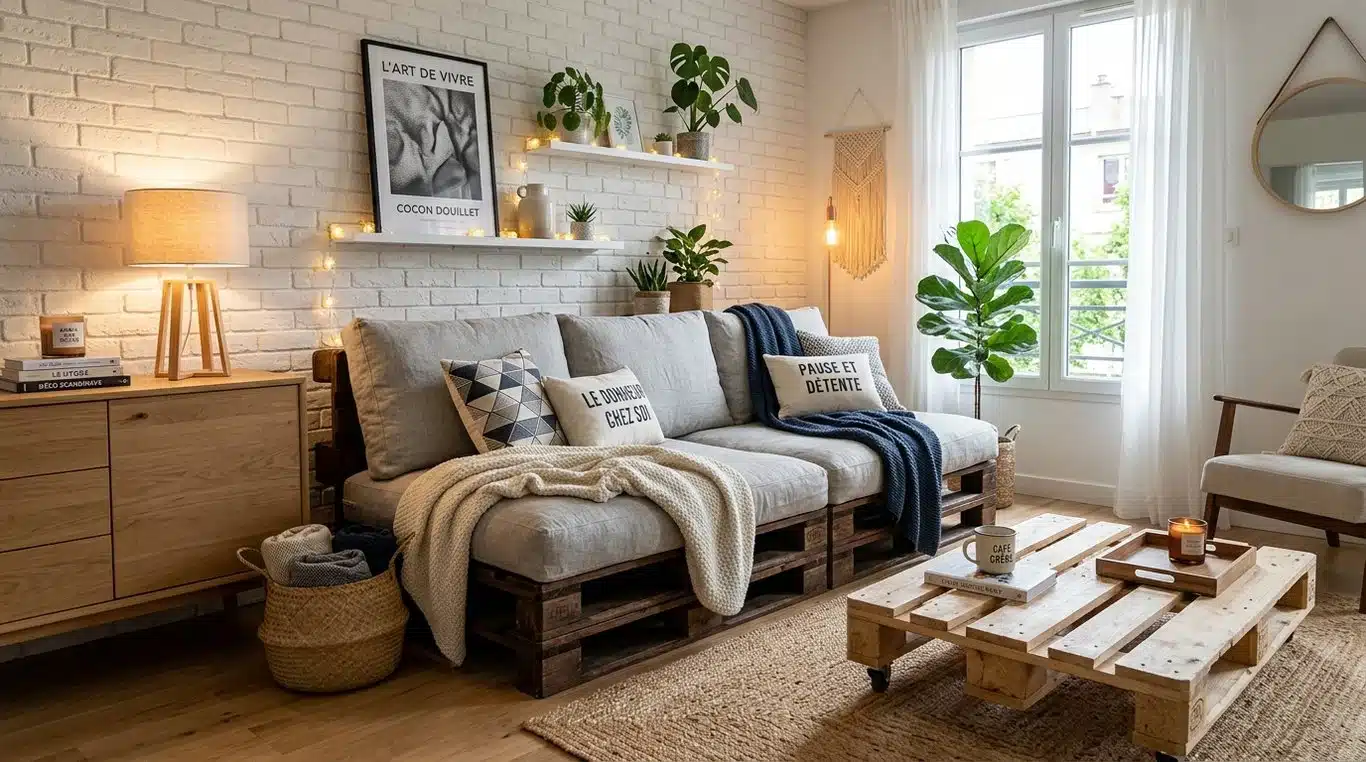 Canapé palette intérieur au design moderne et cocooning