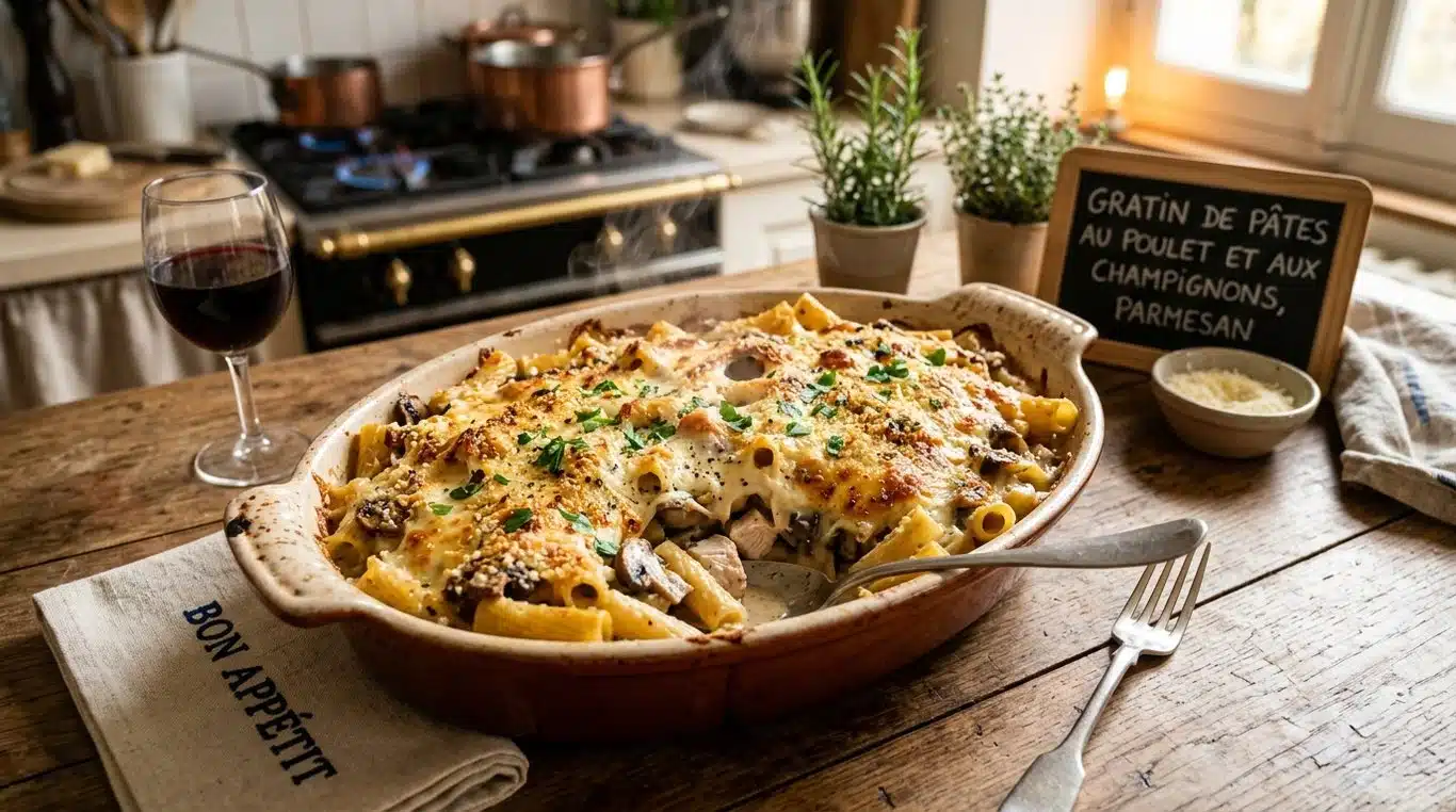 Gratin de penne au poulet et champignons doré au four