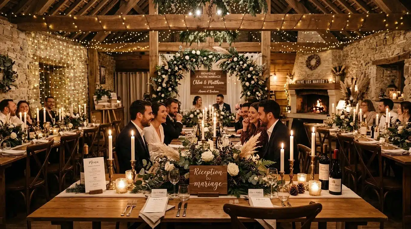 Ambiance chaleureuse et élégante d'une réception de mariage en hiver avec bougies et décorations boisées.