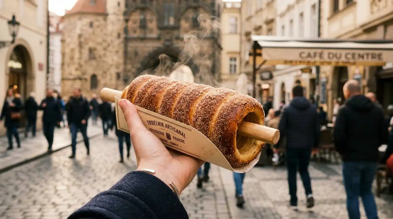 Un trdelnik fraîchement cuit saupoudré de cannelle et de sucre.