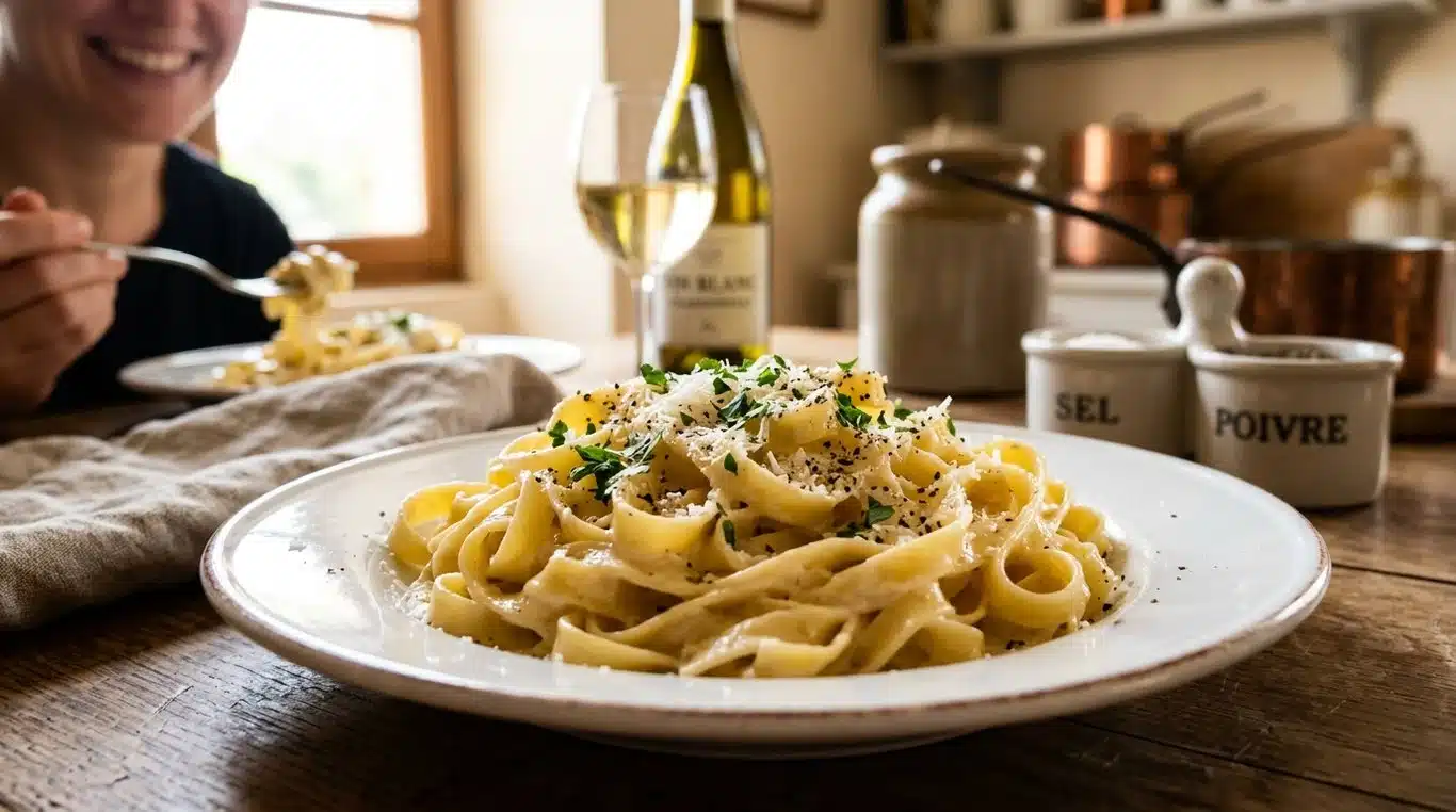 Assiette de Fettuccine Alfredo crémeuses et authentiques