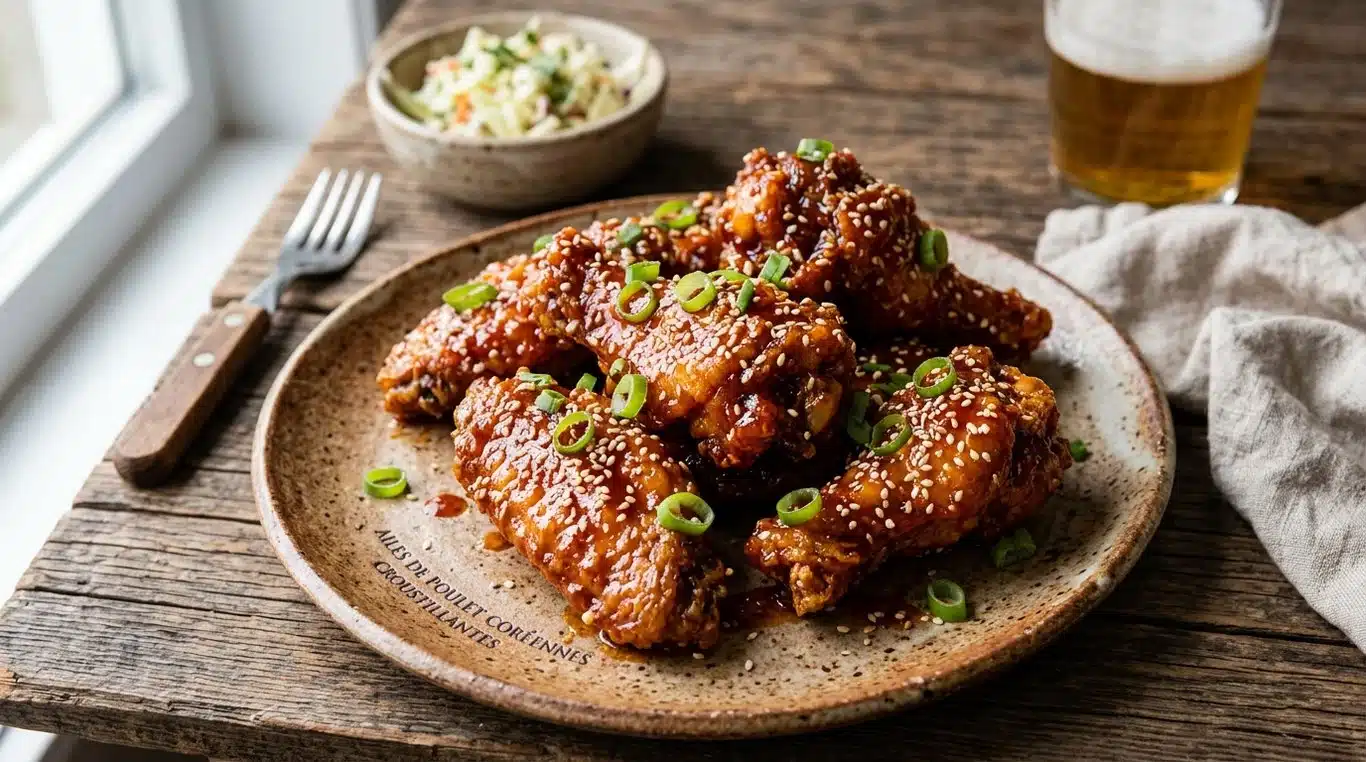 Poulet frit coréen croustillant nappé de sauce gochujang avec graines de sésame et oignons nouveaux.