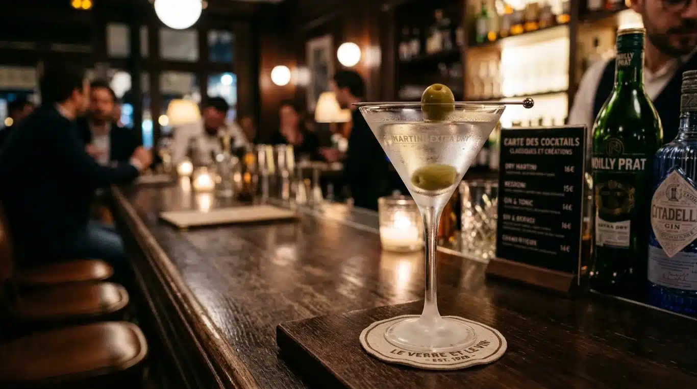 Un cocktail Martini classique servi dans un verre à pied, garni d'une olive verte.