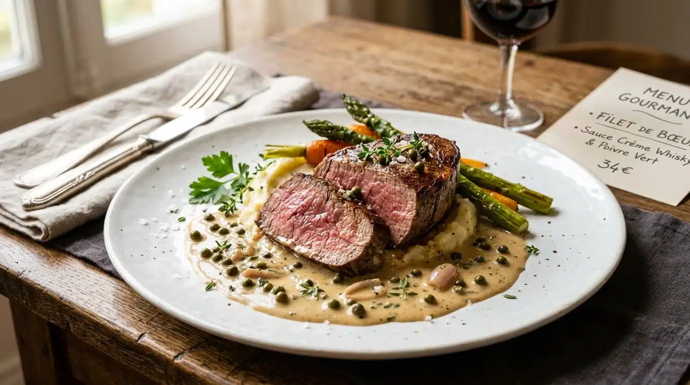 Filet de bœuf nappé d'une sauce onctueuse au Scotch Whisky et poivre vert