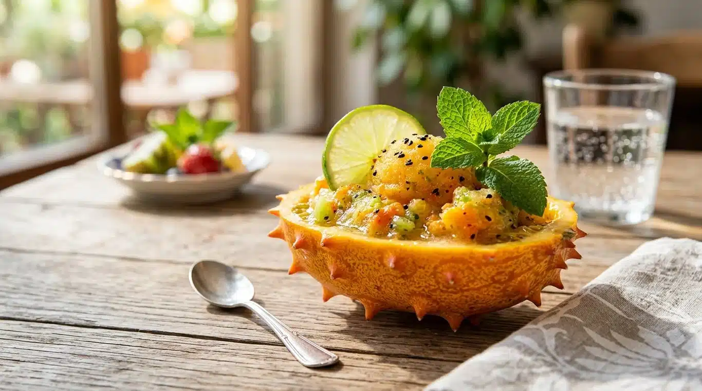 Sorbet de kiwano au citron vert et gingembre servi dans sa coque