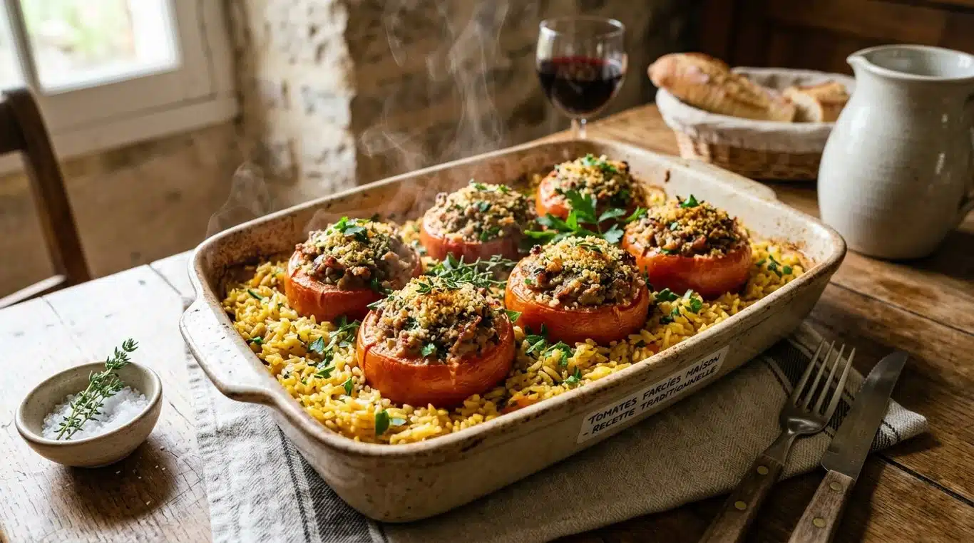 Tomates farcies traditionnelles sur un lit de riz