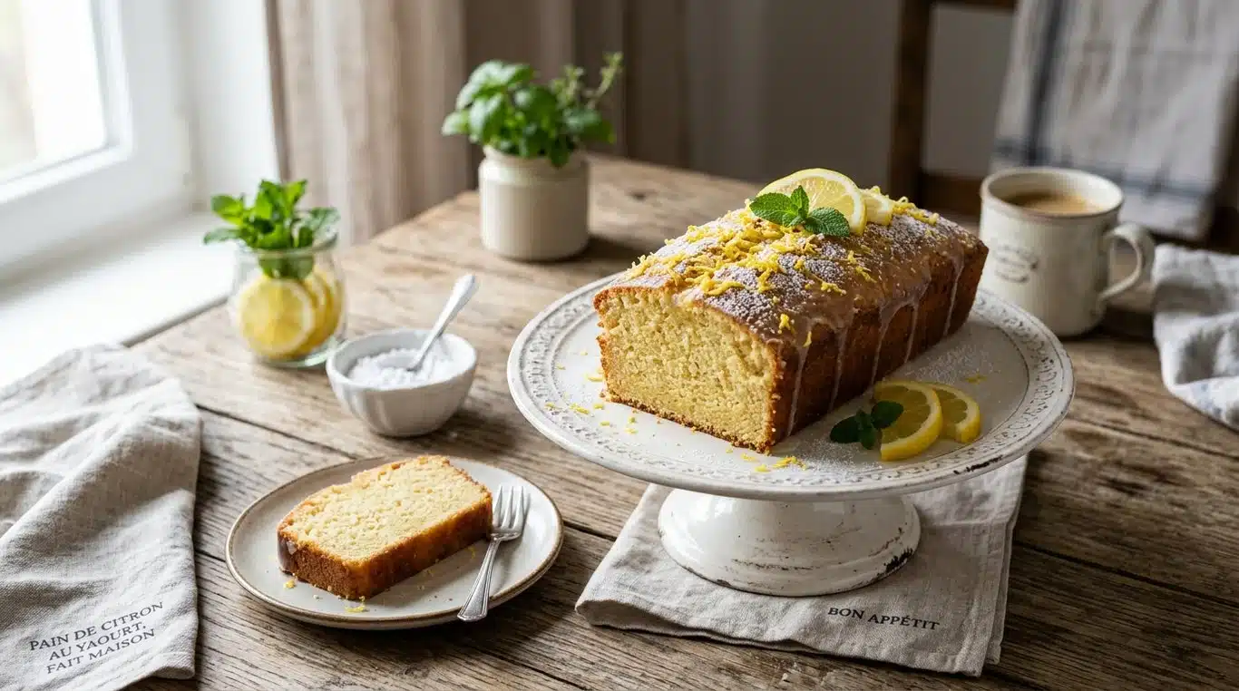 Gâteau au yaourt citronné moelleux sur une table en bois