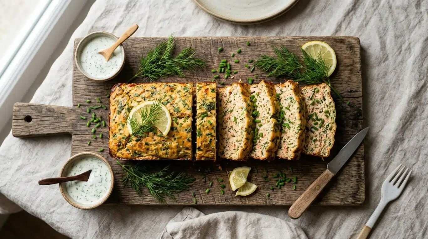 Pain de saumon aux herbes fraîches tranché sur une planche en bois