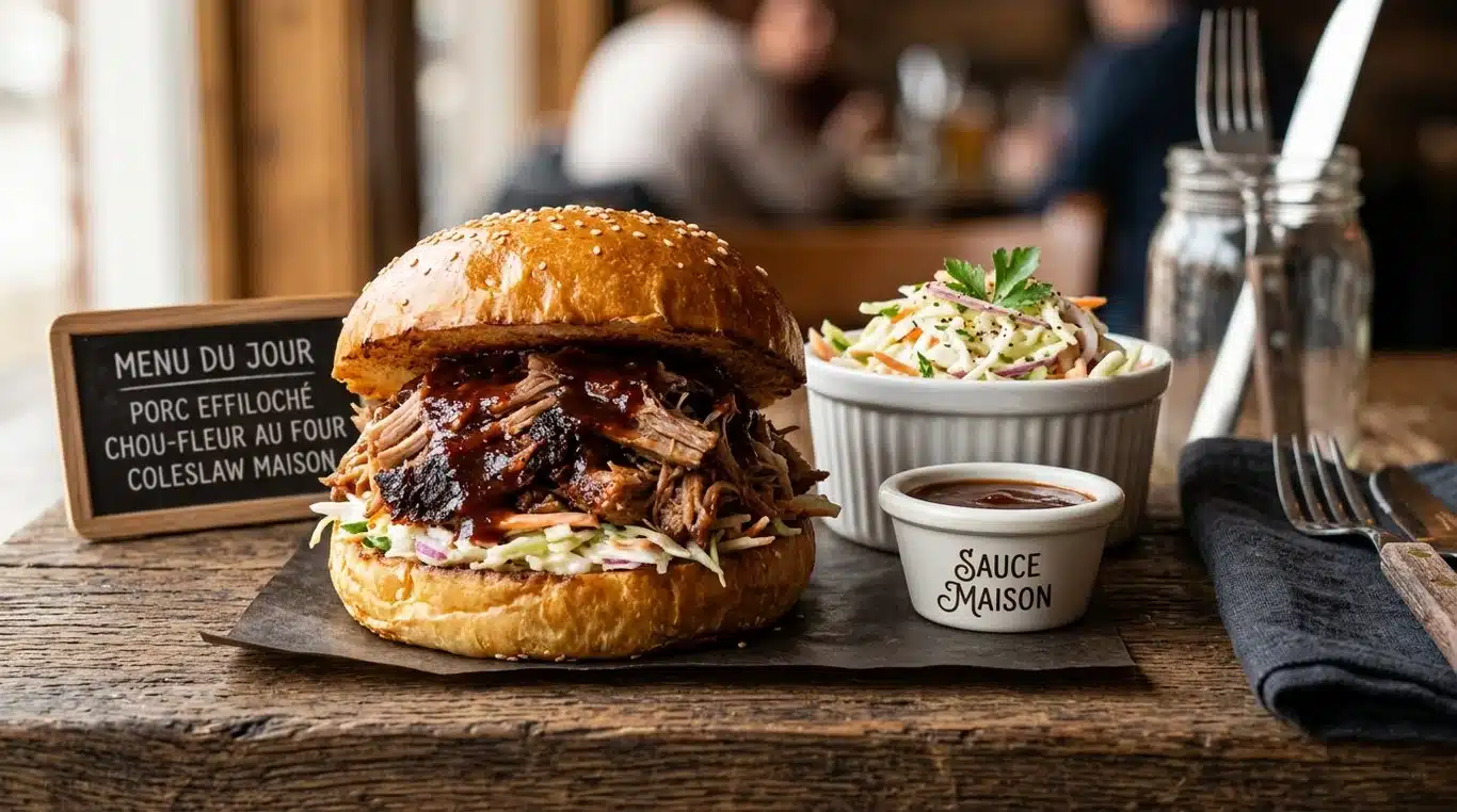 Assiette de pulled pork maison juteux sur pain brioché avec coleslaw.