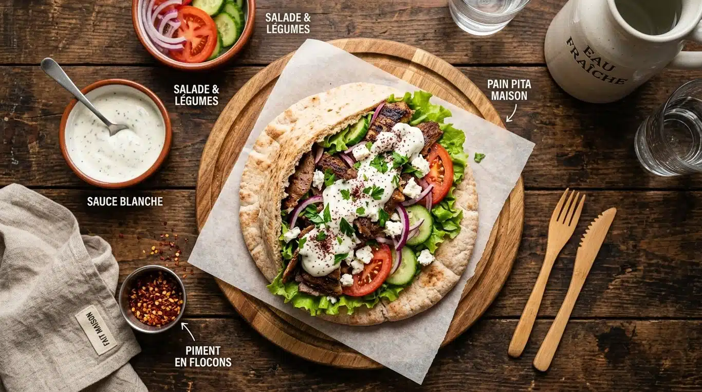 Kebab gourmet maison avec légumes frais et sauce blanche