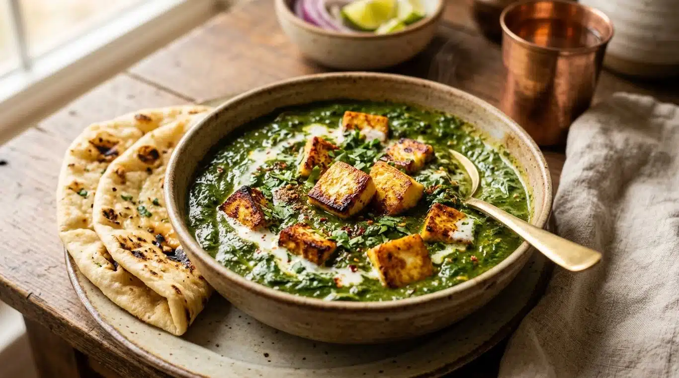 Plat de Palak Paneer avec des cubes de fromage paneer dorés