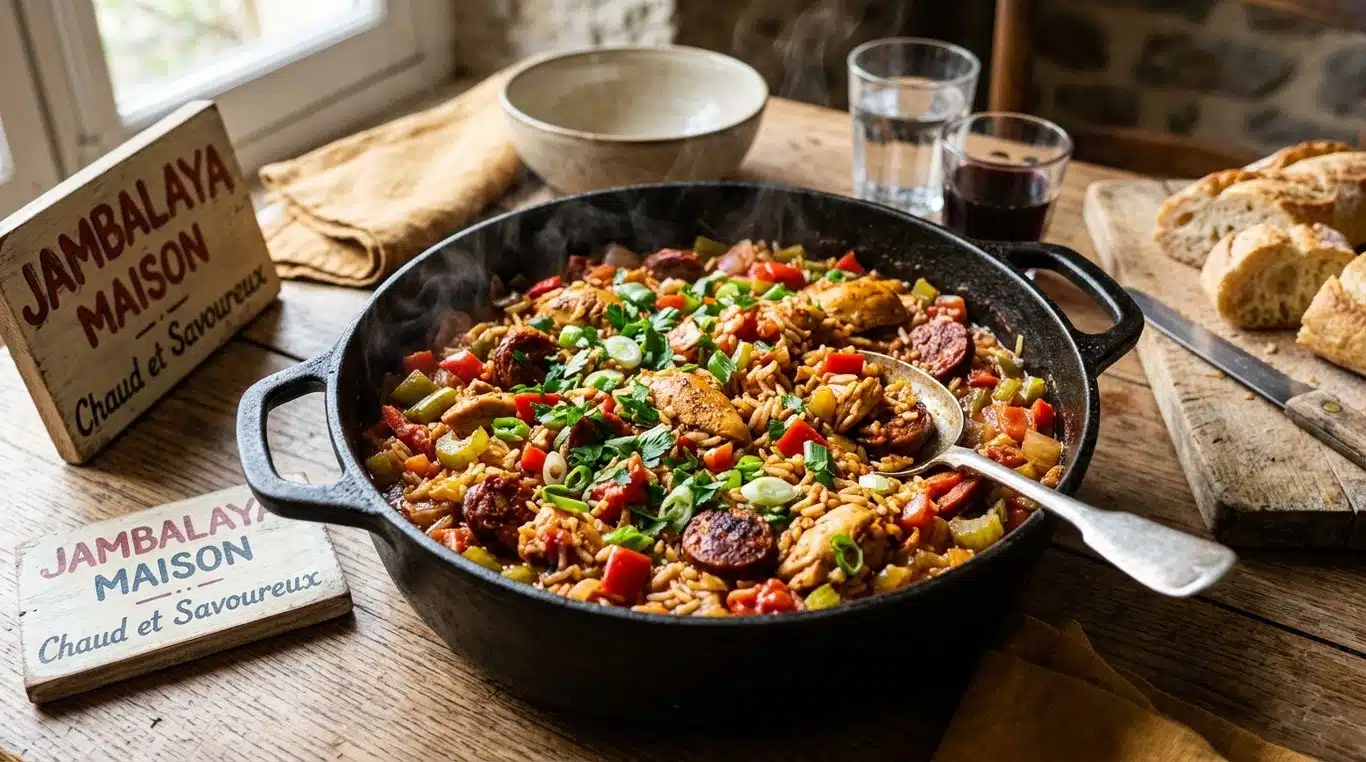 Plat de jambalaya au poulet et chorizo dans une cocotte en fonte.