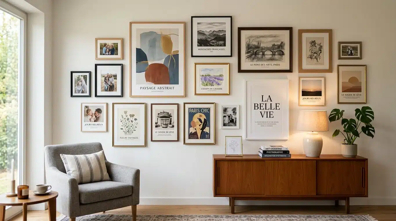 Exemple de mur de cadres harmonieusement disposé dans un salon moderne