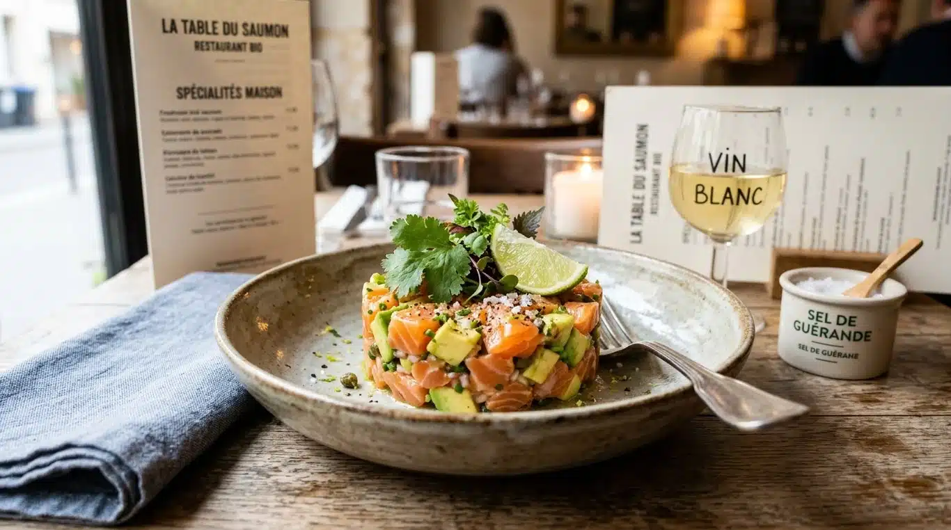 Tartare de saumon et avocat préparé avec un couteau Santoku