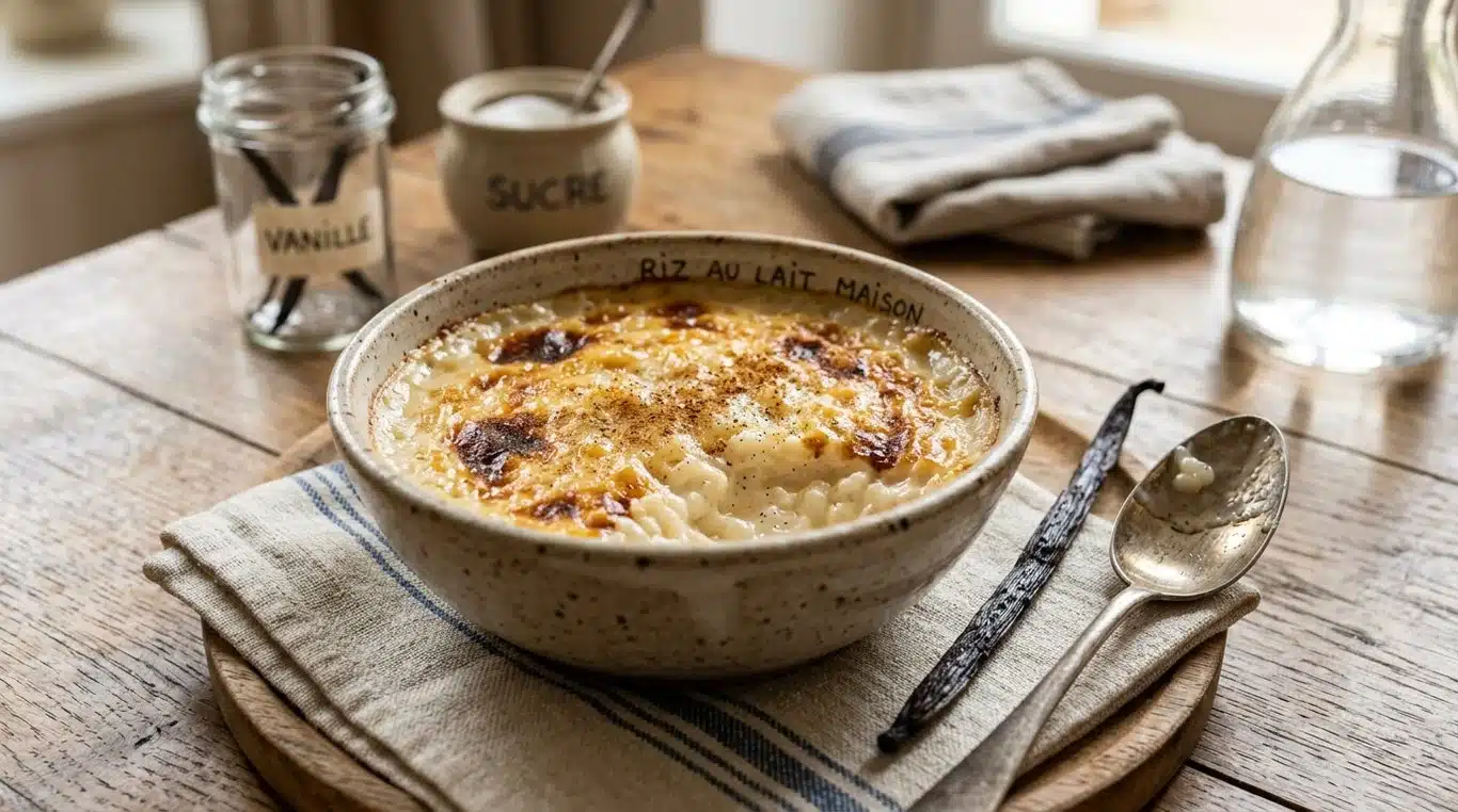 Bol de riz au lait crémeux à l'ancienne avec une gousse de vanille