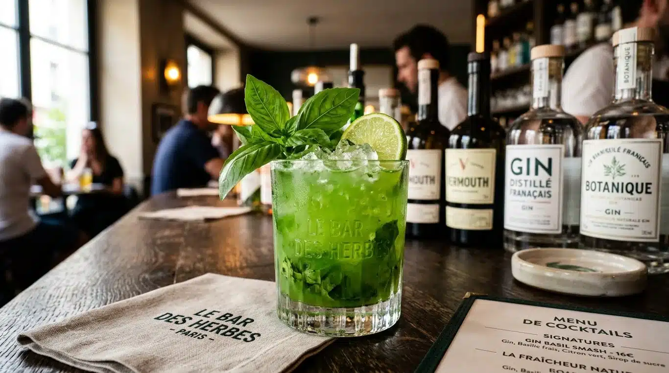 Cocktail Gin Basil Smash frais et vibrant dans un verre rocks avec une branche de basilic.