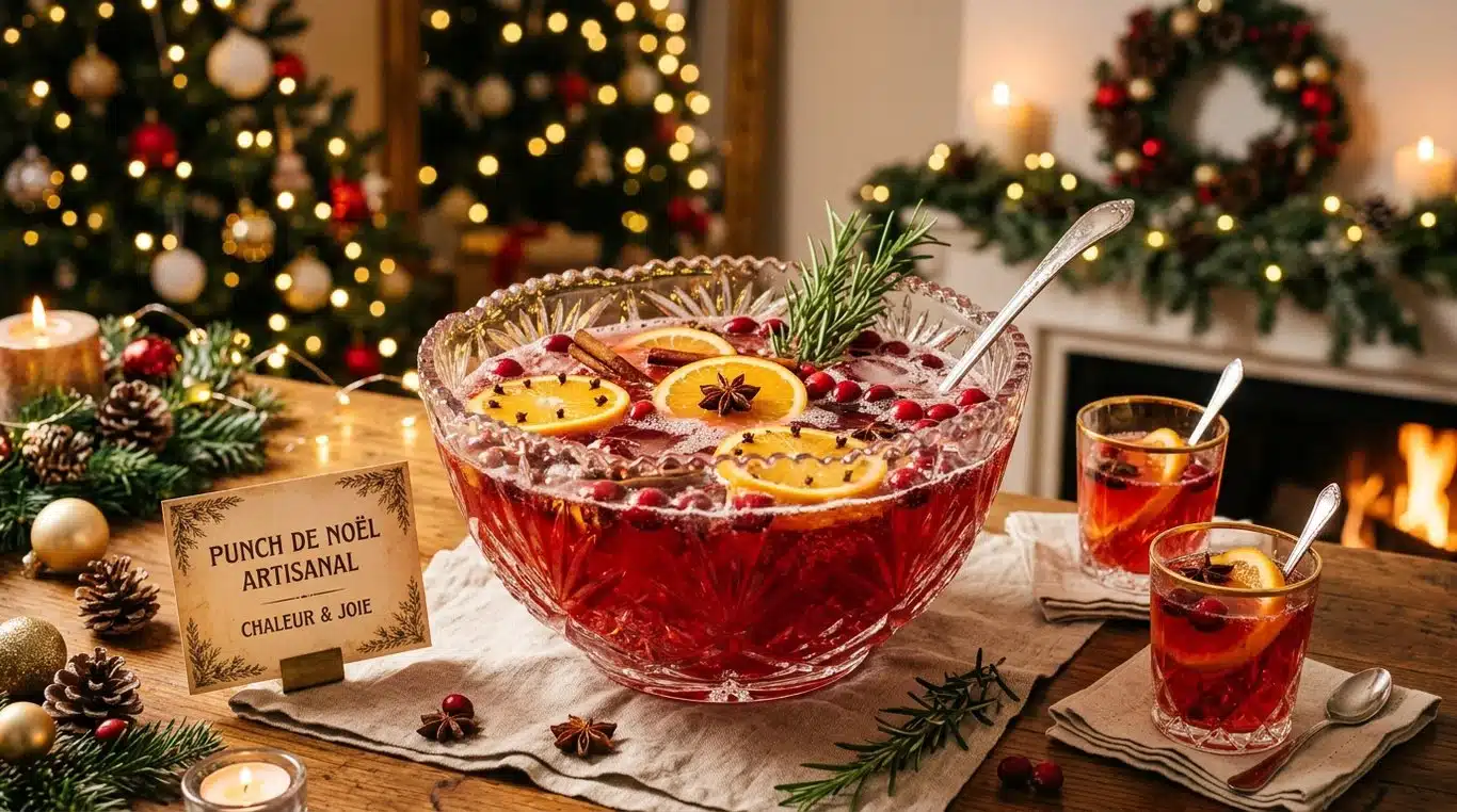 Punch de Noël festif dans un saladier en cristal avec épices et agrumes