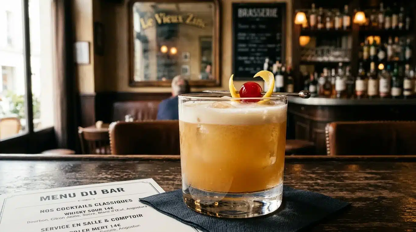 Un Whisky Sour classique dans un verre à cocktail, décoré d'une cerise au marasquin et d'un zeste de citron.