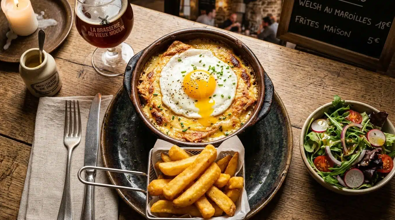 Plat de Welsh au Maroilles traditionnel servi dans un plat en grès avec frites et salade