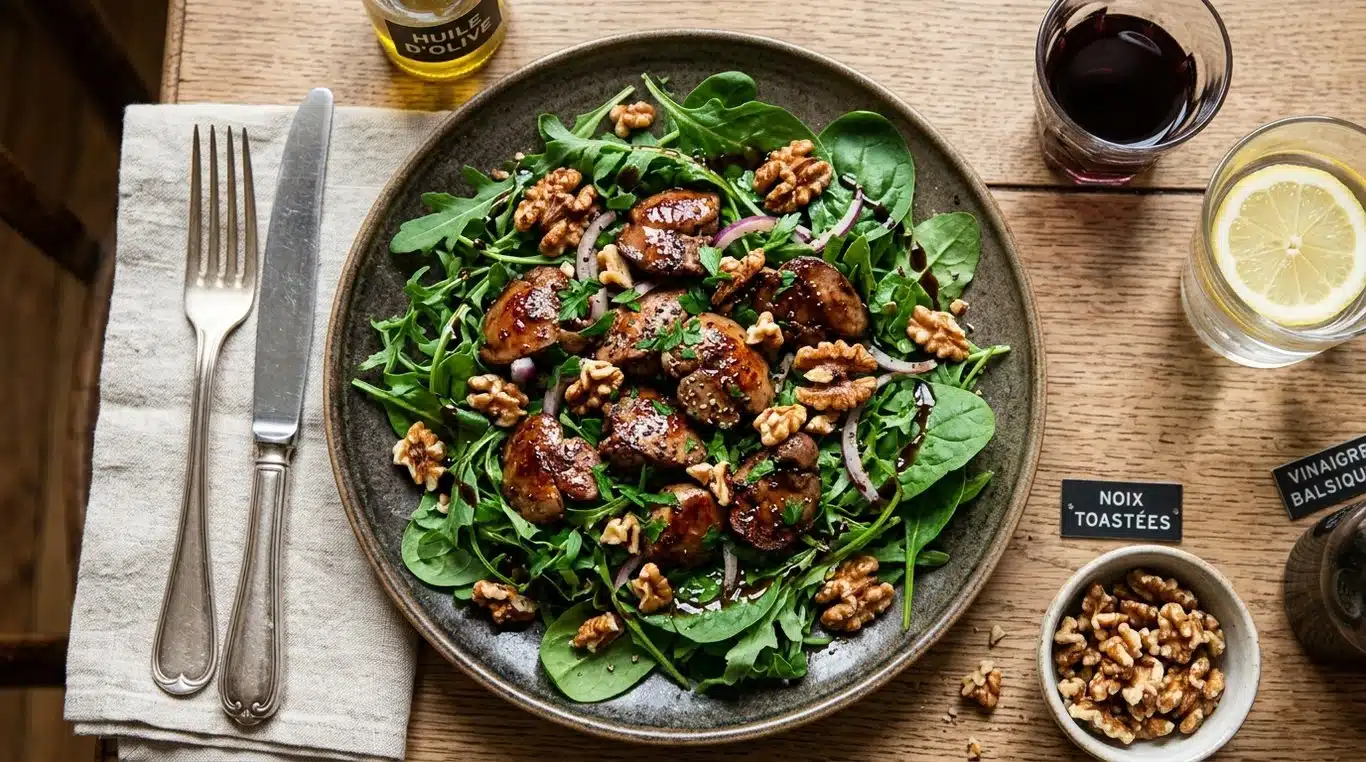 Salade tiède de foies de volaille au vinaigre de Xérès