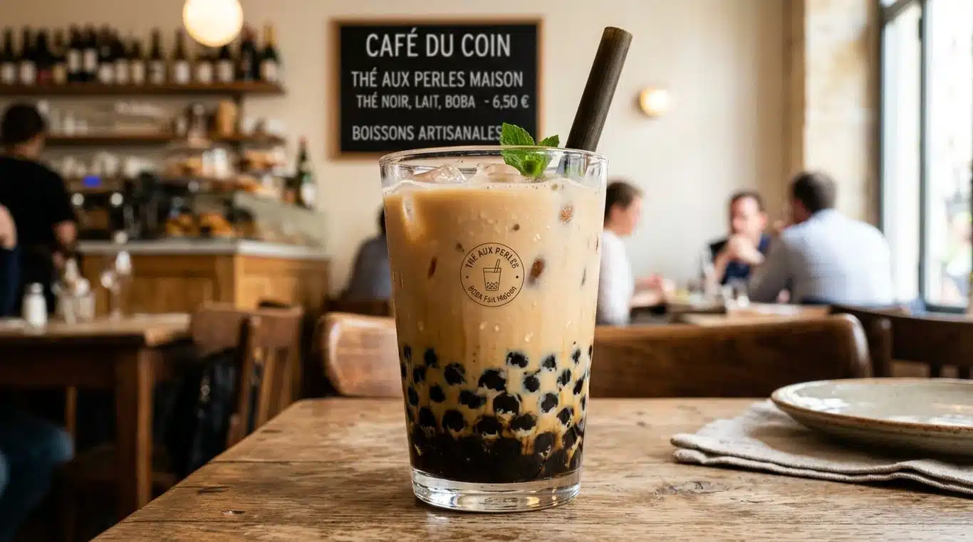 Un bubble tea maison avec perles de tapioca dans un verre transparent