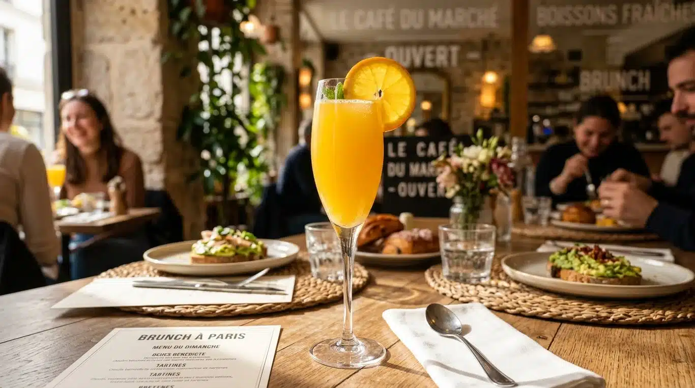 Un cocktail Mimosa élégant dans une flûte à champagne sur une table de brunch ensoleillée