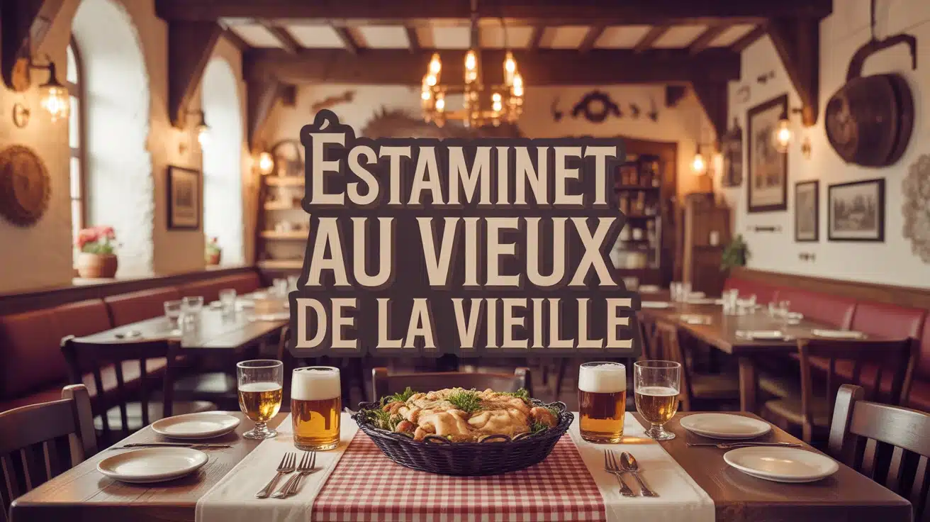Ambiance chaleureuse estaminet au Vieux de la Vieille avec plat de Welsh et bière