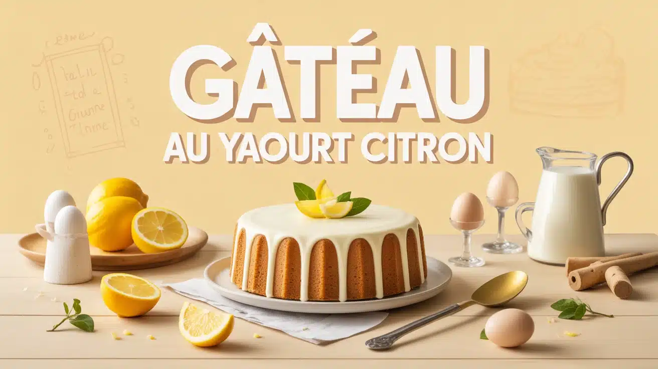 Gâteau au yaourt citron avec citrons et ingrédients frais sur table en bois