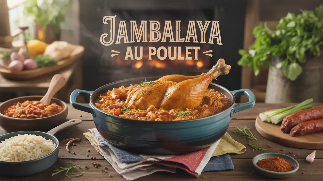 Plat de jambalaya au poulet dans cocotte en fonte
