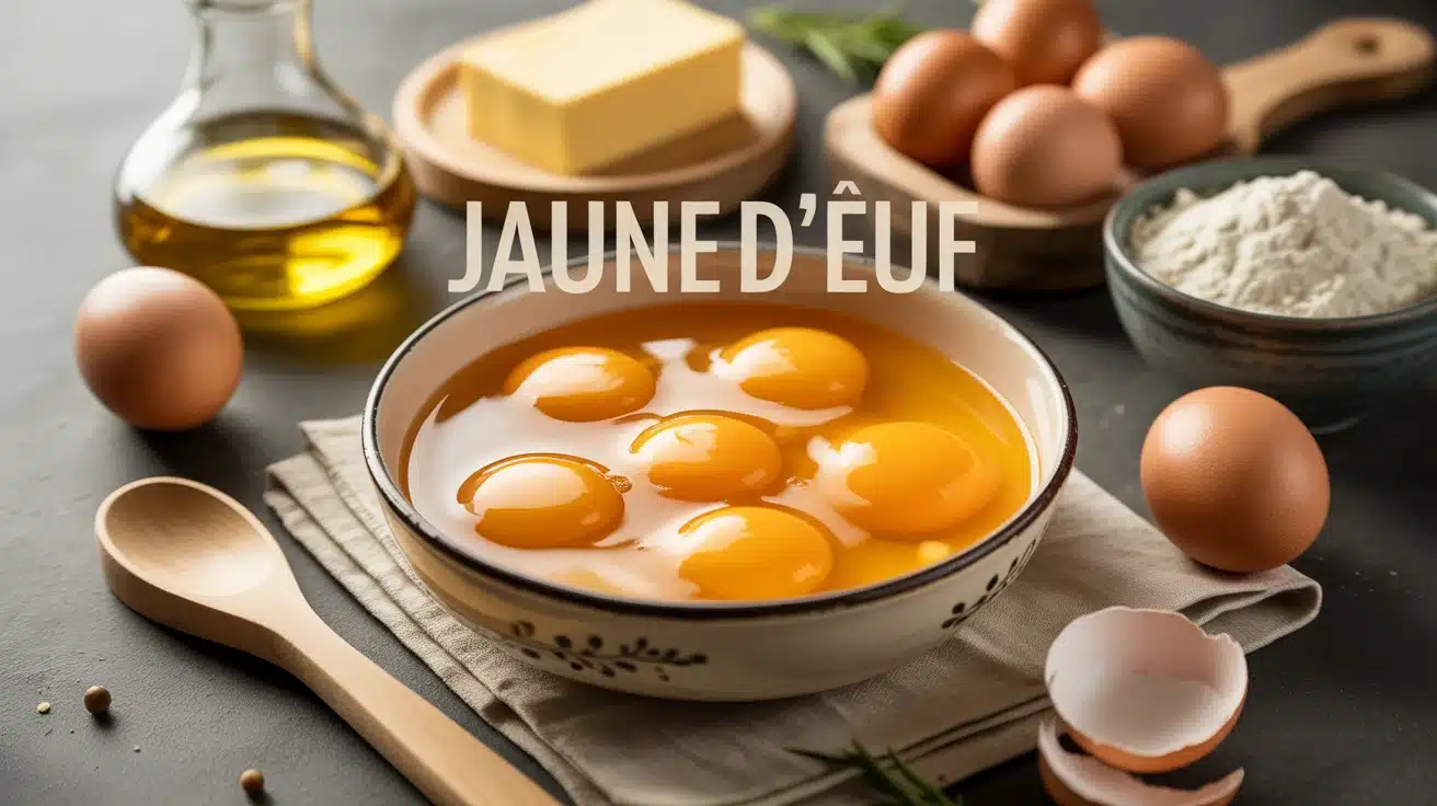 jaune d œuf dans un bol entouré d ingrédients de cuisine